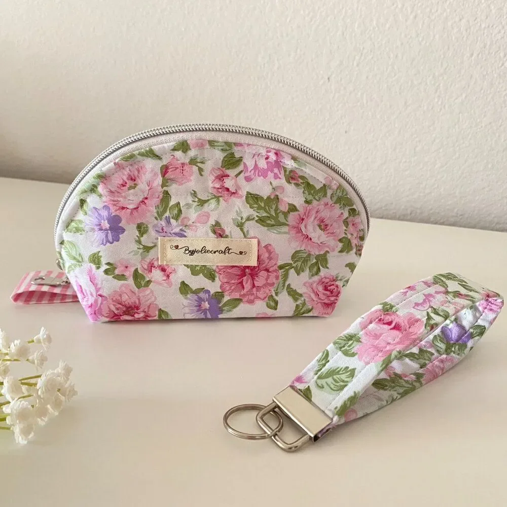 Set Cosmetic bag & Keychain‎ Bracelet Floral Cotton Fabric Handmade